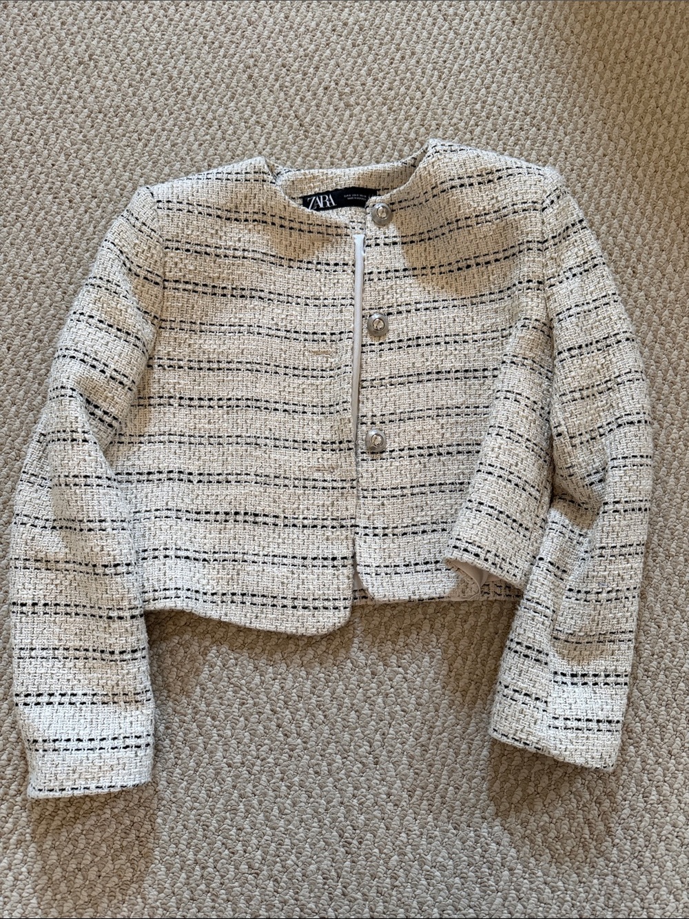ZARA Cream & Black Striped Tweed Cropped Jacket